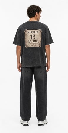 Erkek Marseille Baskılı Yıkamalı Oversize T-Shirt Siyah
