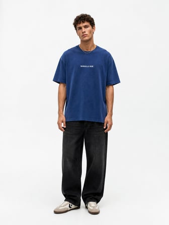 Erkek Marseille Baskılı Yıkamalı Oversize T-Shirt Lacivert