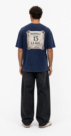 Erkek Marseille Baskılı Yıkamalı Oversize T-Shirt Lacivert