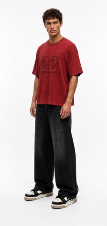 Erkek 22 Nakışlı Yıkamalı Oversize T-Shirt Bordo