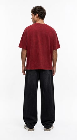 Erkek 22 Nakışlı Yıkamalı Oversize T-Shirt Bordo