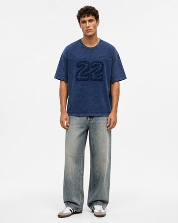 Erkek 22 Nakışlı Yıkamalı Oversize T-Shirt Lacivert