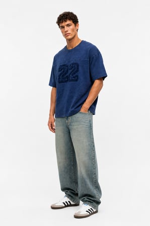 Erkek 22 Nakışlı Yıkamalı Oversize T-Shirt Lacivert