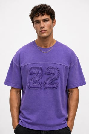 Erkek 22 Nakışlı Yıkamalı Oversize T-Shirt Mor