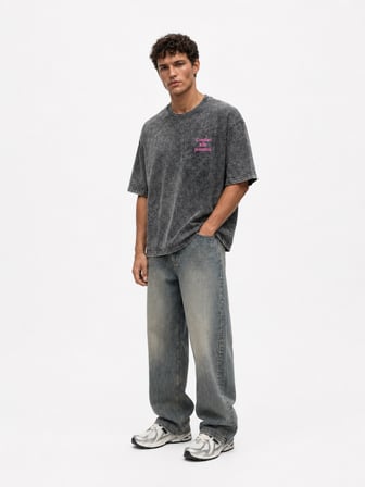 Erkek Puf Baskılı Yıkamalı Oversize T-Shirt Siyah