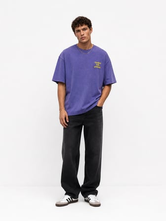 Erkek Puf Baskılı Yıkamalı Oversize T-Shirt Mor