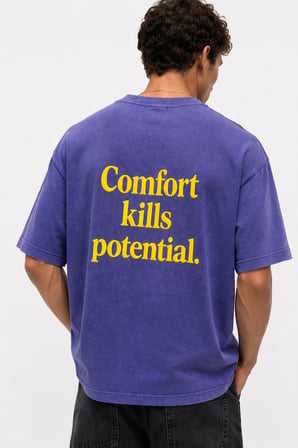 Erkek Puf Baskılı Yıkamalı Oversize T-Shirt Mor