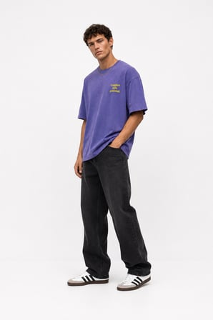 Erkek Puf Baskılı Yıkamalı Oversize T-Shirt Mor
