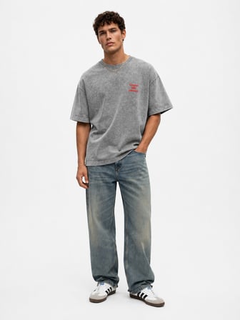 Erkek Puf Baskılı Yıkamalı Oversize T-Shirt Gri