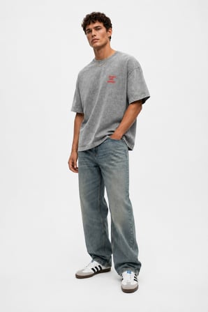 Erkek Puf Baskılı Yıkamalı Oversize T-Shirt Gri