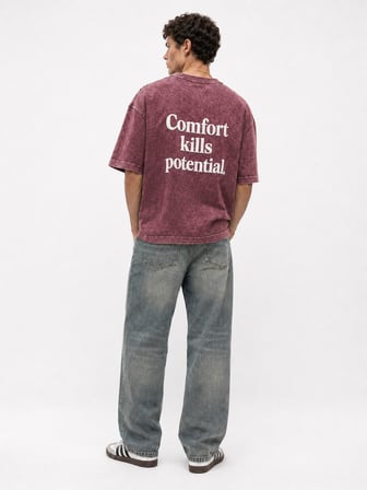 Erkek Puf Baskılı Yıkamalı Oversize T-Shirt Bordo