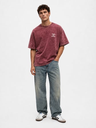 Erkek Puf Baskılı Yıkamalı Oversize T-Shirt Bordo