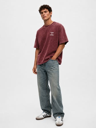 Erkek Puf Baskılı Yıkamalı Oversize T-Shirt Bordo