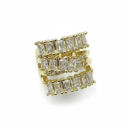 Earcuff Sıkıştırmalı Pirinç Kıkırdak Küpe Baget Taşlı Üç Sıralı Altın Renk         