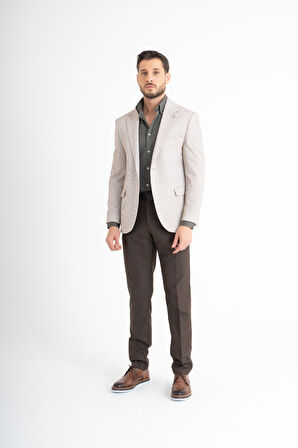 Düz Çizgili Takım Elbise - Bej-Kahverengi 50