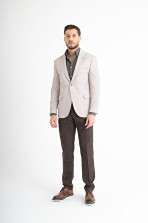 Düz Çizgili Takım Elbise - Bej-Kahverengi 50