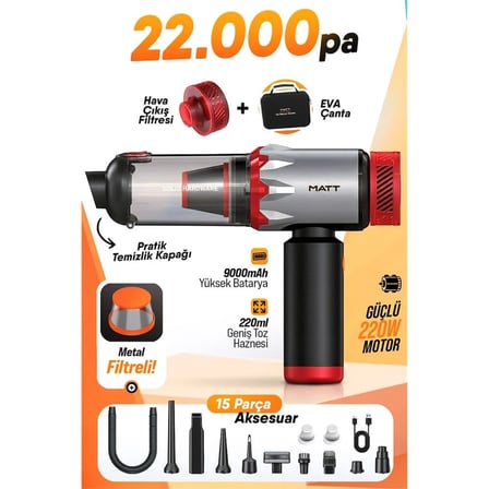 MATT MCV22 9000mAh Güçlü Bataryalı Araç Süpürgesi 22.000Pa Kablosuz Şarjlı El Tipi 220W Vakum & Üfleme Kırmızı