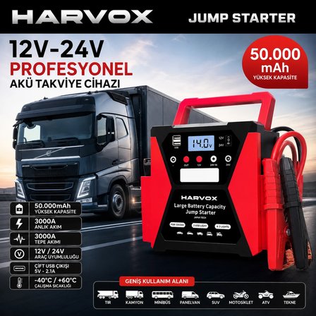 Bagajon Harvox Tır, Kamyon, Minibüs, Otobüs,Araçlar İçin Akü Takviye Cihazı | 12/24 Volt Çift Voltajlı 50.000 Mah Powerbank