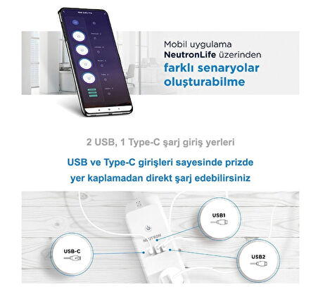 Neutron Akıllı Wi-fi Destekli 16a 4'lü Çocuk Kilitli Akım Korumalı Çoklu Priz