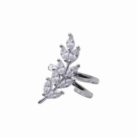 Earcuff Sıkıştırmalı Pirinç Kıkırdak Küpe Yaprak Detaylı Baget Taşlı  Gümüş Renk         