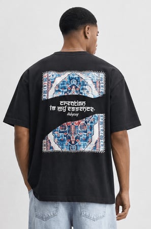Erkek Itsbyzey Nakış Detaylı Oversize T-Shirt Siyah