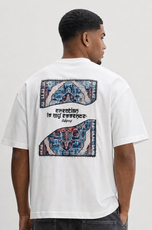Erkek Itsbyzey Nakış Detaylı Oversize T-Shirt Ekru