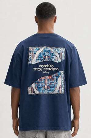 Erkek Itsbyzey Nakış Detaylı Oversize T-Shirt Lacivert