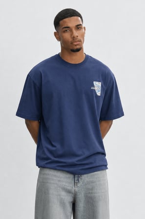Erkek Itsbyzey Nakış Detaylı Oversize T-Shirt Lacivert