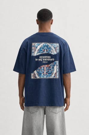 Erkek Itsbyzey Nakış Detaylı Oversize T-Shirt Lacivert