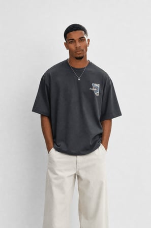 Erkek Itsbyzey Nakış Detaylı Oversize T-Shirt Füme