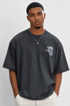 Erkek Itsbyzey Nakış Detaylı Oversize T-Shirt Füme