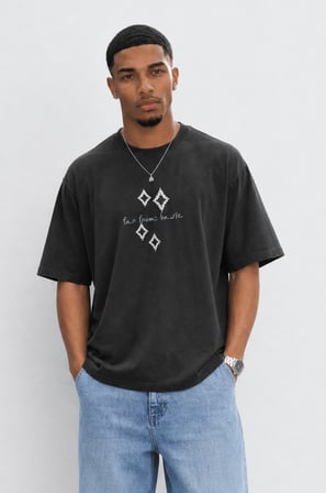 Erkek FFB Nakış Detaylı Oversize T-Shirt Siyah