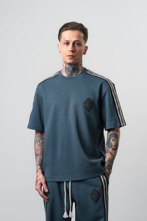 Erkek Şerit Detaylı Regular Fit T-Shirt Petrol
