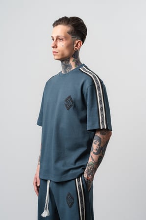 Erkek Şerit Detaylı Regular Fit T-Shirt Petrol