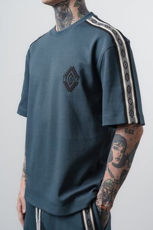 Erkek Şerit Detaylı Regular Fit T-Shirt Petrol
