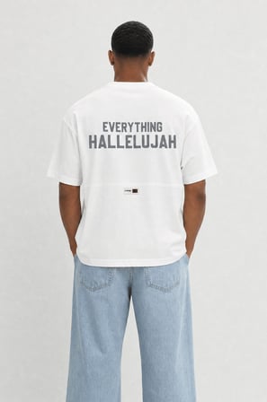 Erkek Hallelujah Baskılı Oversize T-Shirt Ekru