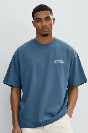 Erkek Hallelujah Baskılı Oversize T-Shirt Petrol