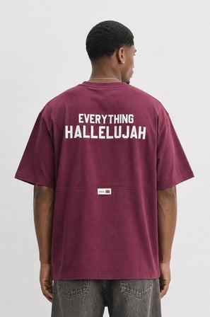 Erkek Hallelujah Baskılı Oversize T-Shirt Bordo