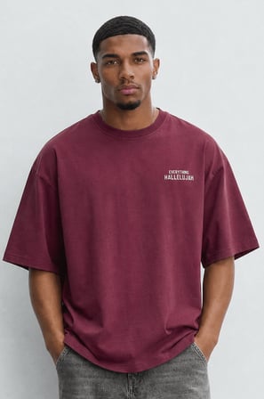 Erkek Hallelujah Baskılı Oversize T-Shirt Bordo
