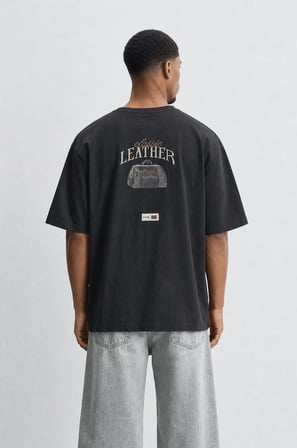 Erkek Leather Baskılı Oversize T-Shirt Siyah