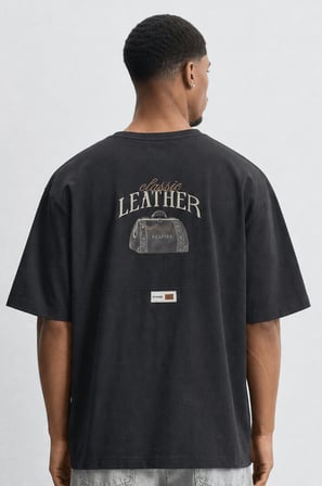 Erkek Leather Baskılı Oversize T-Shirt Siyah
