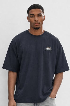 Erkek Leather Baskılı Oversize T-Shirt Siyah