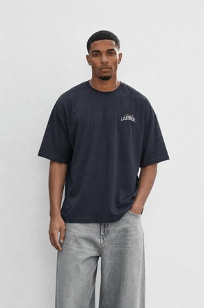 Erkek Leather Baskılı Oversize T-Shirt Siyah