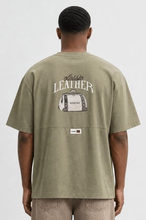 Erkek Leather Baskılı Oversize T-Shirt Haki