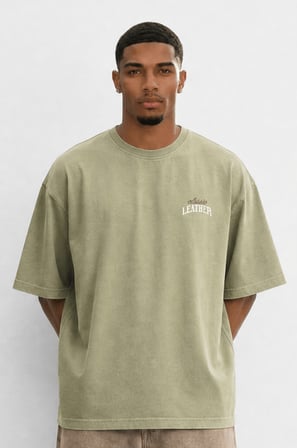 Erkek Leather Baskılı Oversize T-Shirt Haki