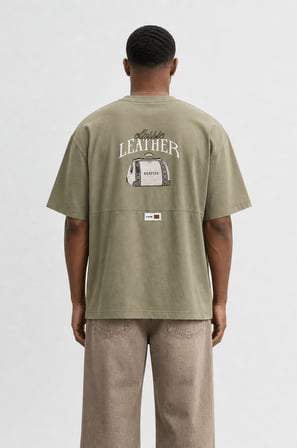 Erkek Leather Baskılı Oversize T-Shirt Haki