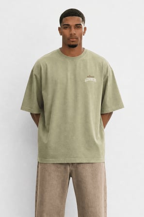 Erkek Leather Baskılı Oversize T-Shirt Haki