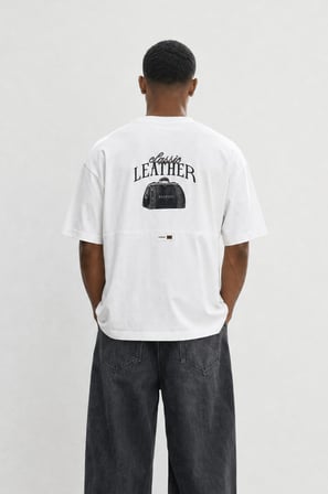 Erkek Leather Baskılı Oversize T-Shirt Ekru