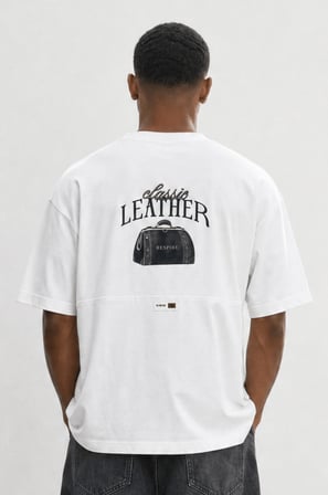 Erkek Leather Baskılı Oversize T-Shirt Ekru