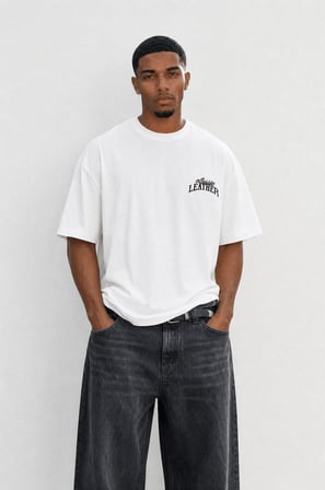 Erkek Leather Baskılı Oversize T-Shirt Ekru